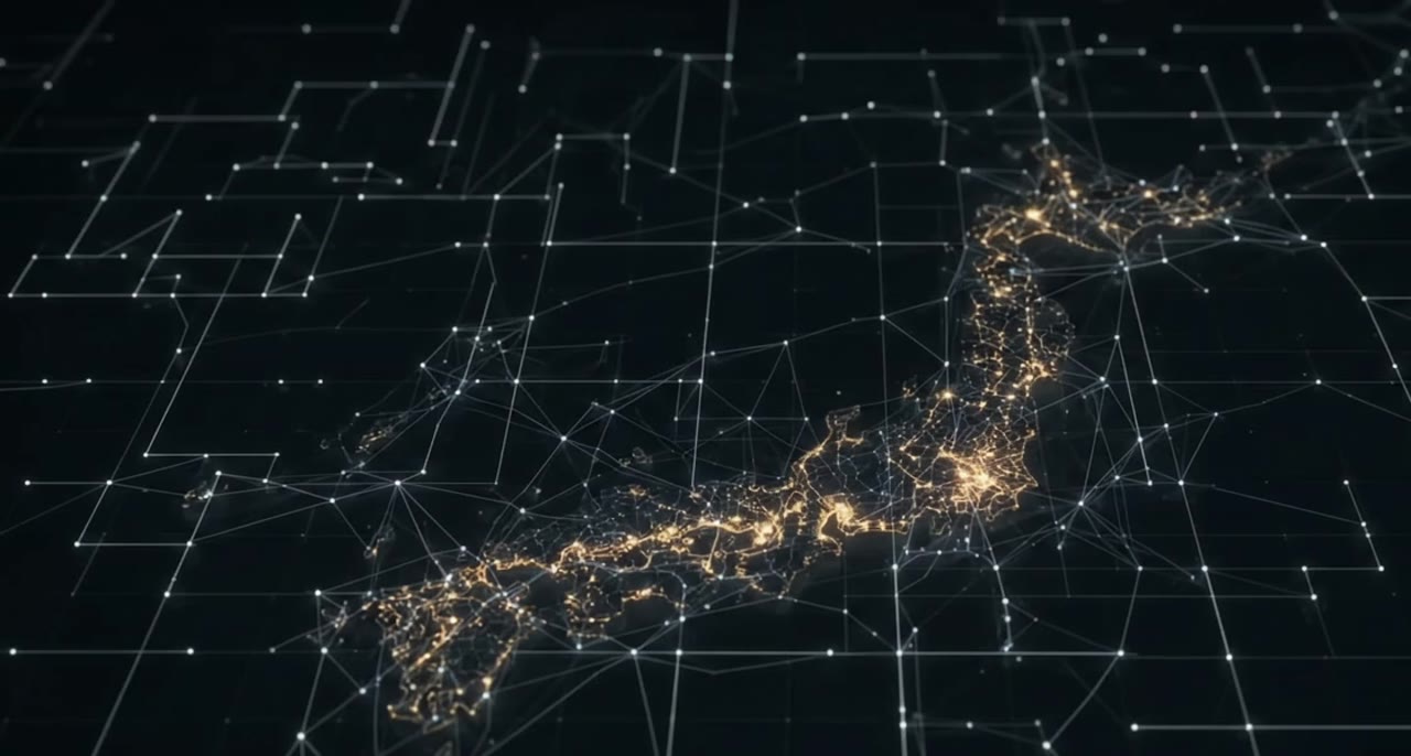 夜の日本列島の光と、それをつなぐネットワークの線のイメージ